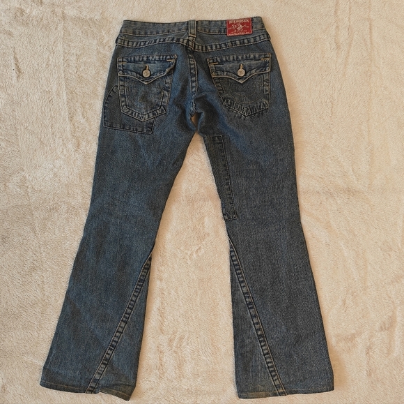 True Religion Size 27 Vintage Joey Patch Blue Jeans Low Rise Flare Boot Cut - Picture 3 of 8